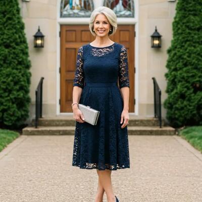 Navy blue a line tea-length lace mother of the bride/ groom dresses formal evening dress
