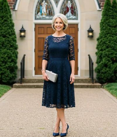 Navy Blue A Line Tea-length Lace Mother Of The Bride/ Groom Dresses Formal Evening Dress