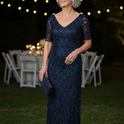 Navy blue sheath sequins lace mother of the bride/ groom dresses formal evening dress
