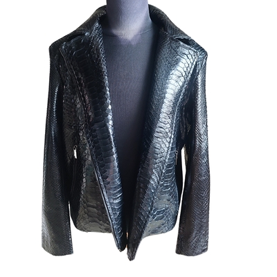 Glossy black snakeskin motorcycle leather jacket
