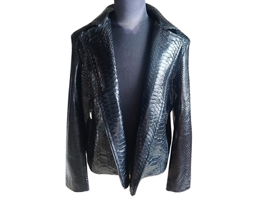 Glossy Black Snakeskin Motorcycle Leather Jacket