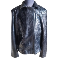 Glossy Black Snakeskin Motorcycle Leather Jacket - Thumbnail 2