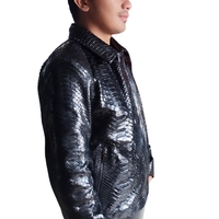 Glossy Black Snakeskin Motorcycle Leather Jacket - Thumbnail 5