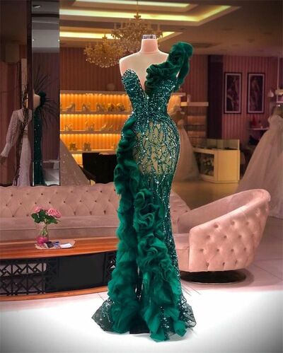 Emerald Green Prom Dresses Sequins Beading Crystals Evening Gowns Formal Party Gowns