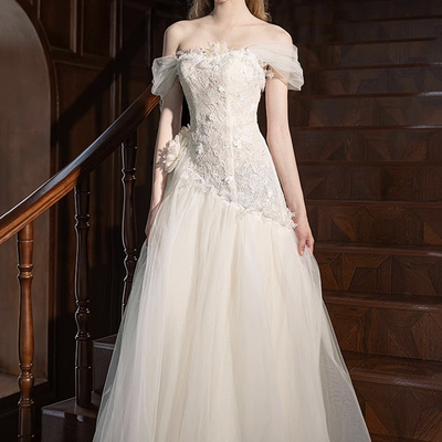 Champagne tulle lace long prom dress, beautuful a-line party dress - Thumbnail 2