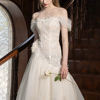 Champagne Tulle Lace Long Prom Dress, Beautuful A-Line Party Dress - Thumbnail 3