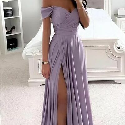 Violet a line prom dresses off the shoulder side slit evening gowns formal party gowns