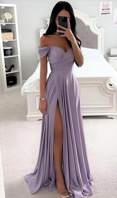 Violet A Line Prom Dresses Off the Shoulder Side Slit Evening Gowns Formal Party Gowns