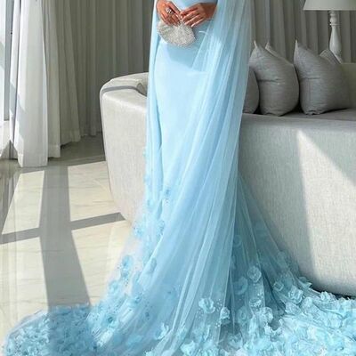 Blue sheath flowers prom dresses off the shoulder evening gowns formal party gowns - Thumbnail 3