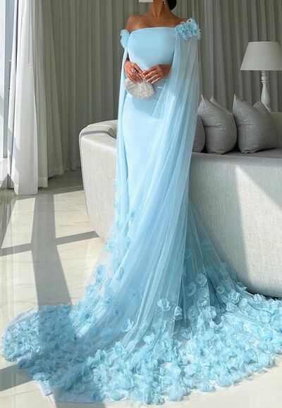 Blue Sheath Flowers Prom Dresses Off the Shoulder Evening Gowns Formal Party Gowns