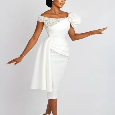 Sexy sheath pearls wedding dress, tea-length off the shoulder bridal dress bridal gown