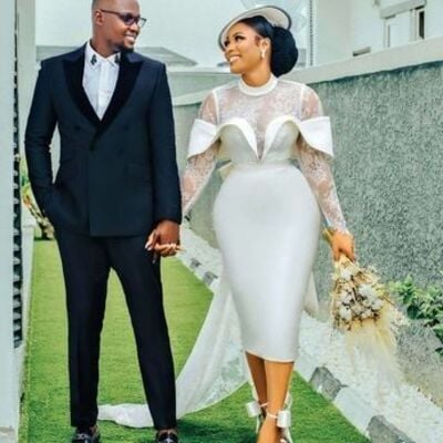 Sheath wedding dress, tea-length lace african girls bridal dress bridal gown