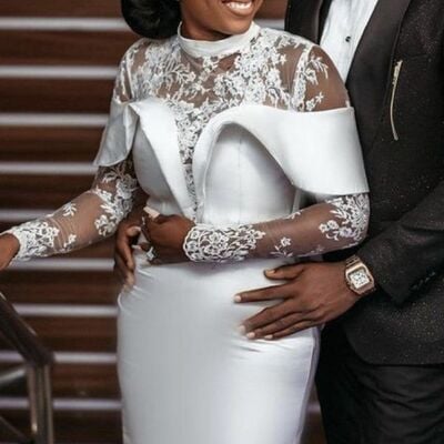 Elegant sheath wedding dress, tea-length lace african girls bridal dress bridal gown