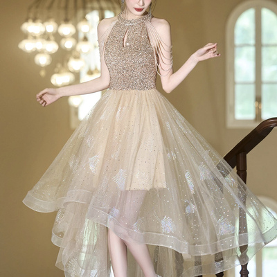Champagne tulle beads short prom dress, lovely a-line high low party dress - Thumbnail 1
