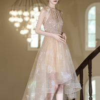 Champagne Tulle Beads Short Prom Dress, Lovely A-Line High Low Party Dress - Thumbnail 1