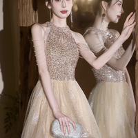 Champagne Tulle Beads Short Prom Dress, Lovely A-Line High Low Party Dress - Thumbnail 4