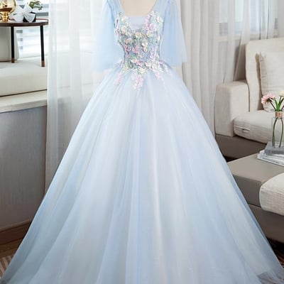 Blue tulle lace long prom dress, a-line beautiful evening party dress