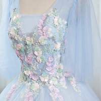 Blue Tulle Lace Long Prom Dress, A-Line Beautiful Evening Party Dress - Thumbnail 2