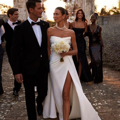 Simple a-line wedding dress, side split satin bridal dress bridal gown