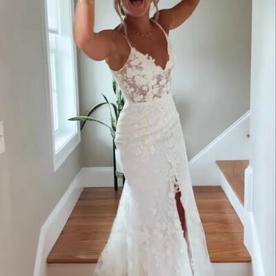 Simple sheath wedding dress, lace bridal dress bridal gown