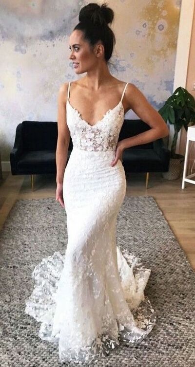 Sexy Sheath Wedding Dress, Deep -neck Lace Bridal Dress Bridal Gown