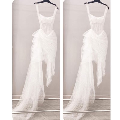 Straps wedding dresses hi low bridal gown