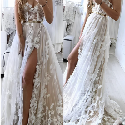 Wedding dresses split side bridal gown with handmade flowers