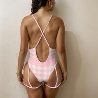 Light Pink And White Plaid One Piece Exotic Swimsuits  - Thumbnail 1