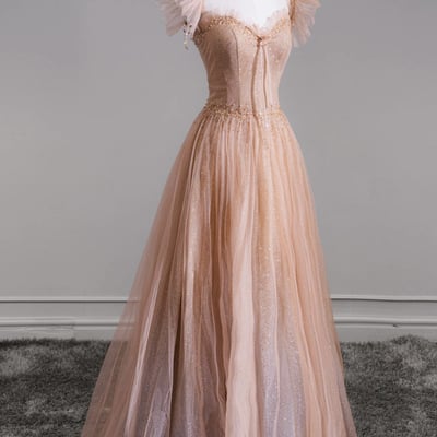 Shiny tulle sequins long prom dress, lovely a-line evening party dress