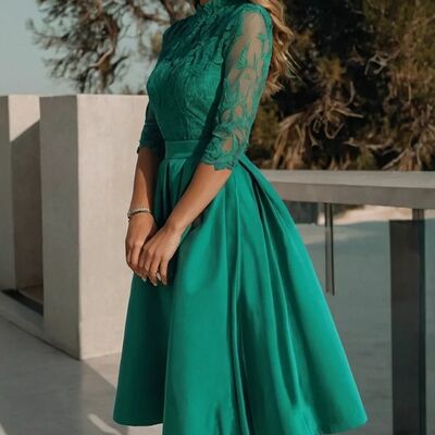 Green a line tea-length lace mother of the bride/ groom dresses formal evening dress