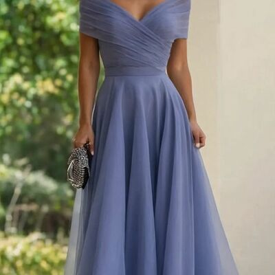 Blue a line off the shoulder mother of the bride/ groom dresses formal evening dress