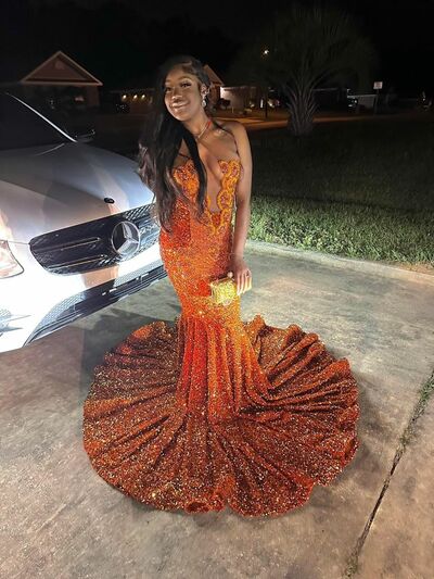 Orange Mermaid Prom Dresses Beading Crystals Sequins African Girls Evening Gowns Formal Party Gowns