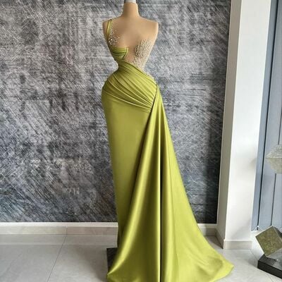 Green prom dresses sheath eading crystals evening gowns formal party gowns - Thumbnail 1