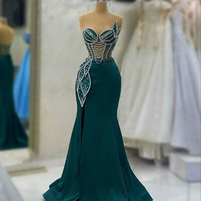 Green prom dresses sheath beading crystals evening gowns formal party gowns - Thumbnail 3