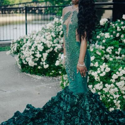 Green mermaid prom dresses beading crystals lace african girls evening gowns formal party gowns - Thumbnail 4
