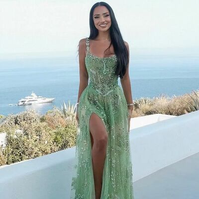 Green prom dresses sheath beading crystals evening gowns formal party gowns