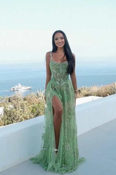 Green Prom Dresses Sheath Beading Crystals Evening Gowns Formal Party Gowns