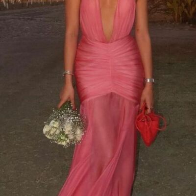 Coral mermaid prom dresses plunge evening gowns formal party gowns - Thumbnail 4
