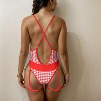 Red & White Plaid Exotic One Piece Swimsuit  - Thumbnail 1