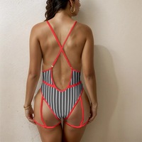 black White Red Pinstripe Exotic One Piece Swimsuit  - Thumbnail 1