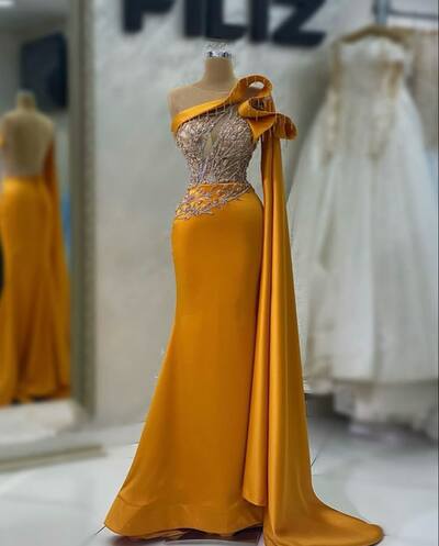 Orange Sheath Prom Dresses Beading Crystals Evening Gowns Formal Party Gowns