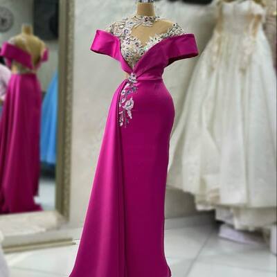 Fuchsia sheath prom dresses beading crystals appliques evening gowns formal party gowns