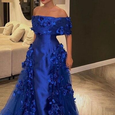 Royal blue prom dresses off the shoulder flowers floral evening gowns formal party gowns - Thumbnail 3