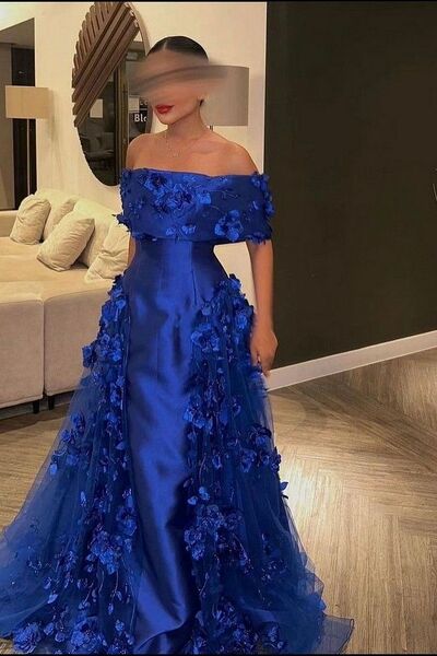 Royal Blue Prom Dresses Off the Shoulder Flowers Floral Evening Gowns Formal Party Gowns