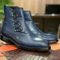 Handmade Ankle High Side Lace Up Men's Blue Leather Boot - Thumbnail 1
