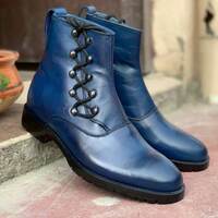 Handmade Ankle High Side Lace Up Men's Blue Leather Boot - Thumbnail 2