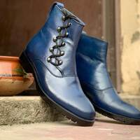 Handmade Ankle High Side Lace Up Men's Blue Leather Boot - Thumbnail 3