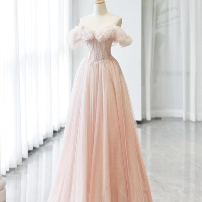 Pink tulle beads long prom dress, off the shoulder a-line party dress - Thumbnail 1