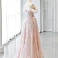 Pink Tulle Beads Long Prom Dress, Off the Shoulder A-Line Party Dress - Thumbnail 1