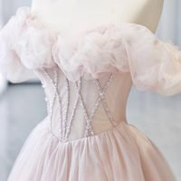 Pink Tulle Beads Long Prom Dress, Off the Shoulder A-Line Party Dress - Thumbnail 2